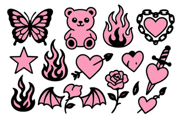 Y2K glamour pink and black elements set. Butterfly, kawaii bear, fire, flame, chain heart, tattoo icons in trendy emo goth 2000s style. Vector hand drawn illustration.
