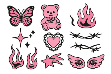 Y2K glamour pink and black elements set. Butterfly, kawaii bear, fire flame, chain heart, barbed wire tattoo. Trendy emo goth 2000s style icons. Vector collection.