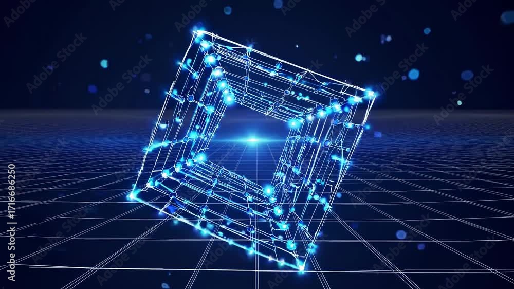Aufkleber futuristic video with a 3d wireframe cube floating in space. low-angle shot highlights glowing blue 