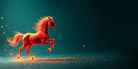 Graceful red horse on a teal background as a symbol of 2026