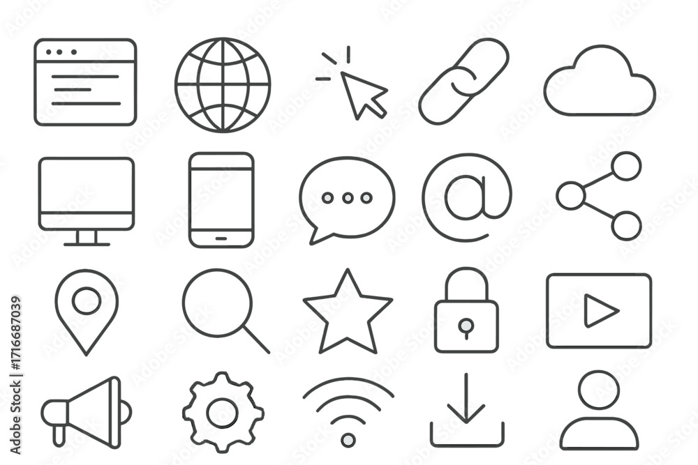 Aufkleber website and internet thin line icons for web design. digital online network experience symbol set. u