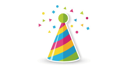 Colorful striped party hat with confetti on a white background celebration design
