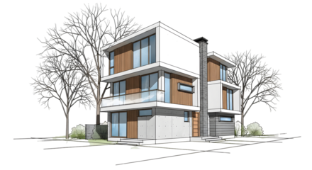 A modern house design with trees in a black and white sketch with color accents isolated on transparent background