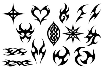 Y2K neo-tribal shapes set. Black abstract ethnic symbols with gothic 90s vintage style. Cyber elements for tattoo design, stickers, or decals. Vector graphic icons collection.