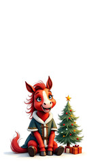 Cartoon red horse next to a Christmas tree, isolated on white background