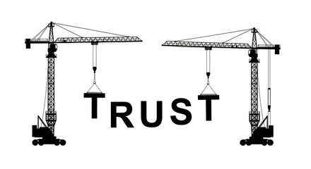 Construction cranes building the word trust isolated on transparent background