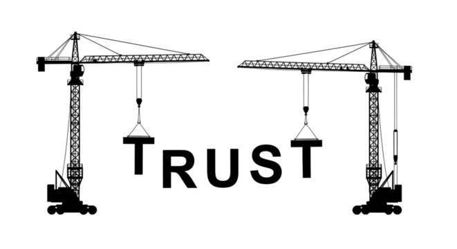 Construction cranes building the word trust isolated on transparent background