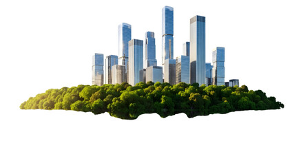 A modern city skyline rising from a lush green forest isolated on transparent background
