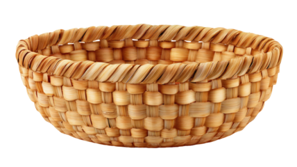 Handcrafted woven straw basket with natural rustic texture eco friendly storage container for home organization and decoration isolated on white background
