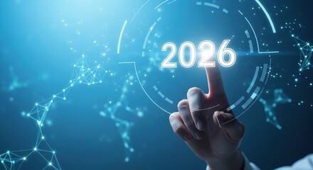 The year 2026 is displayed on a digital screen with a hand touching it in a futuristic setting