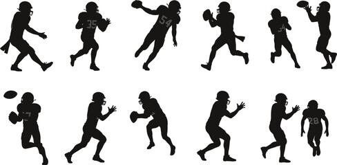 American football silhouettes, players in action, running, passing, catching, tackling, helmet uniform, dynamic athlete poses, sports training, competitive game illustration
