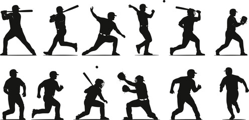 Baseball player silhouettes, batting, pitching, catching, running, fielding, dynamic athlete poses, sports training, baseball game action, competitive sport illustration