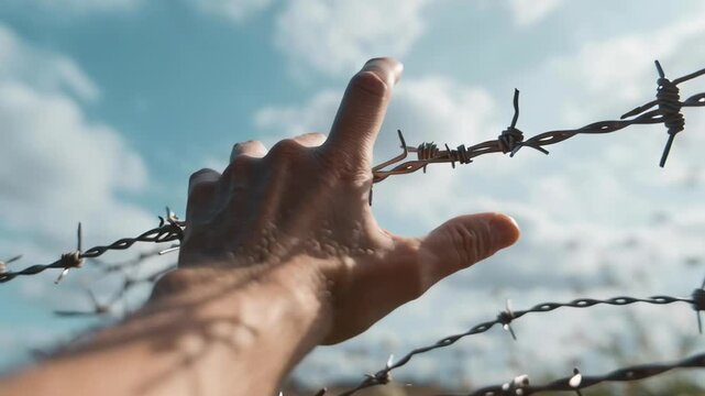 A hand reaching up to break a barbed wire fence. Concept of struggle and determination, as the person is trying to overcome the obstacle in their path