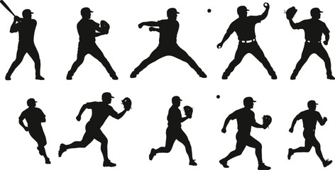 Baseball silhouettes, action poses, player vector, batting, pitching, catching, fielding, running, black and white, sports clipart, athletic motion, baseball icons, team sport, dynamic movement, 