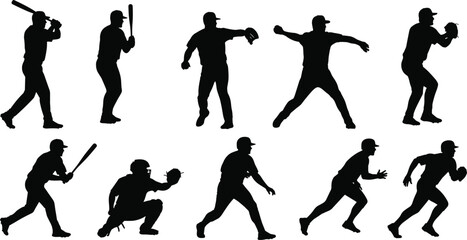 Baseball silhouettes, player actions, batting, pitching, catching, running, sports vector, black and white, athletic motion, baseball clipart, team sport, dynamic poses, baseball graphics,  