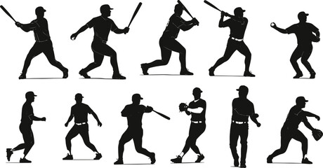 Baseball silhouettes, batting, pitching, catching, fielding, sports action, dynamic poses, athlete movement, training, teamwork, competitive game, isolated figures