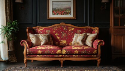 A red and gold floral patterned loveseat with wooden frame sits in a room with dark walls, wooden floors, and a framed picture.