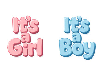 It's a girl, It's a boy 3D lettering text set. Vector quote collection for baby shower invitation, gender reveal party, greeting card, or newborn announcement poster.