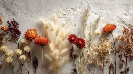 Dried flower arrangement on a textured white background with orange, red, and beige flowers and pampas grass in a horizontal layout