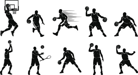 Basketball silhouettes, player action, dunk, dribble, shoot, defend, sport motion, athletic pose, training, dynamic movement, isolated figures, game