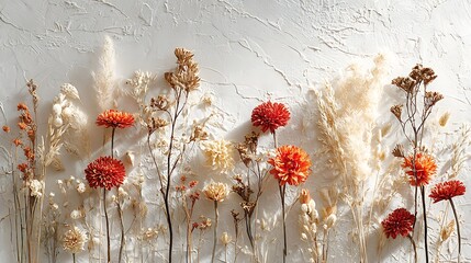Dried flower arrangement on a textured white background with orange, red, and beige flowers and pampas grass in a vertical layout