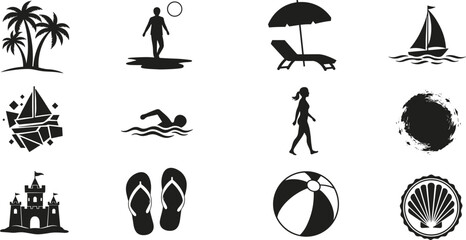  Beach and summer silhouettes, tropical vacation icons, sea travel, sunbathing, swimming, sailing, summer holiday elements, beach lifestyle vector