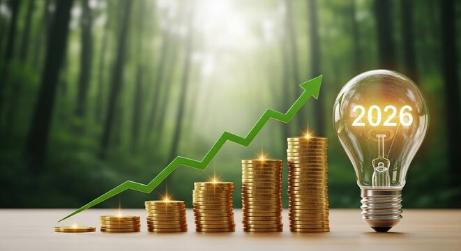 Sustainable financial growth towards 2026, with coins, lightbulb, and green arrow in forest