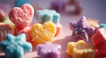 Candy Shapes: A delightful array of vibrant, candy-coated confections in charming shapes, offering a playful visual treat and a sensory delight.