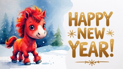 Happy New Year banner with a smiling red horse cartoon