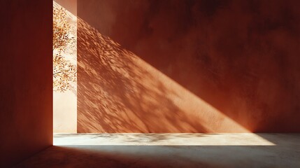 Sunlit wall with tree casting shadows, creating a warm and inviting atmosphere for product presentation and display in a modern space