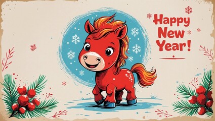 Vintage Happy New Year banner with a cartoon red horse 