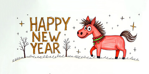 Funny Happy New Year banner with a goofy red horse