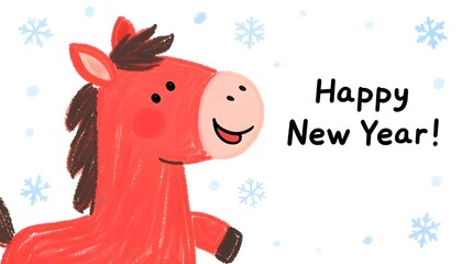 Happy New Year card with snowflakes and a red cartoon horse