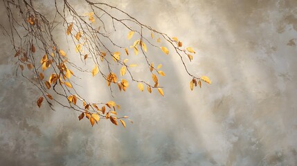 A serene and ethereal autumn scene featuring delicate branches adorned with golden leaves against a soft, dreamy, textured background
