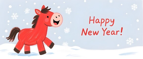 Happy New Year banner with a happy red cartoon horse and falling snow