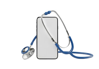 Smartphone with blank screen and stethoscope isolated on transparent background for telemedicine concept