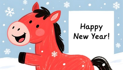 Happy New Year card with snowflakes and a red cartoon horse