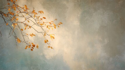 A tranquil autumn scene showcasing delicate branches with golden leaves against a dreamy, textured backdrop, creating a serene and ethereal ambiance