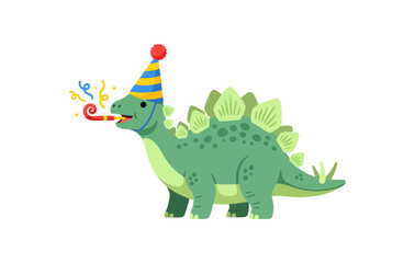 Fototapeta premium Joyful green stegosaurus celebrating a birthday party with a festive hat and noisemaker, creating a scene of fun and happiness