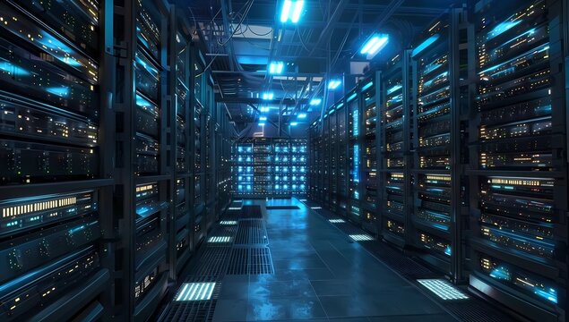 Large data centers with servers in rows - Powered by Adobe