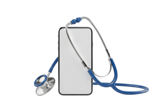Smartphone with blank screen and stethoscope isolated on transparent background for telemedicine concept