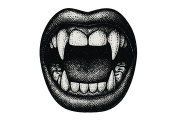 Vampire mouth with fangs illustration. Halftone dotted texture in 90s grunge style. Halloween horror monster concept. Spooky retro punk rock vector clipart graphic design.