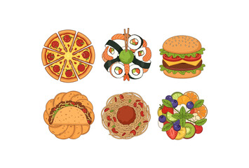 Delicious and diverse international cuisine presented beautifully a vibrant collection of pizza sushi burger tacos pasta and fresh fruit