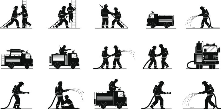 Black and white firefighting silhouettes with firefighters, fire trucks, ladders, hoses, rescue scenes, emergency response vector illustration for fire safety concepts