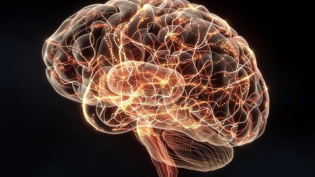 A brain with a lot of electrical activity. The brain is glowing and has a lot of red and yellow