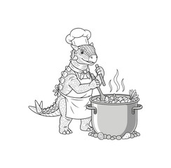 Adorable cartoon dinosaur chef joyfully stirring a steaming pot of delicious stew, perfect for culinary adventures and kids' cooking fun