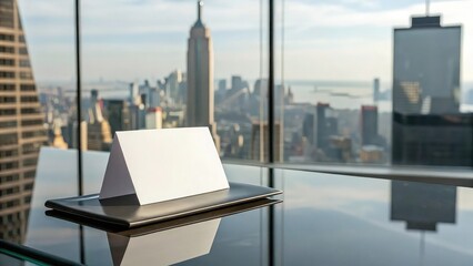 Blank business card on a desk with a new york city skyline view