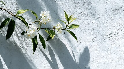 A blooming branch with white flowers and green leaves casts a gentle shadow on a textured wall, creating a serene and natural scene