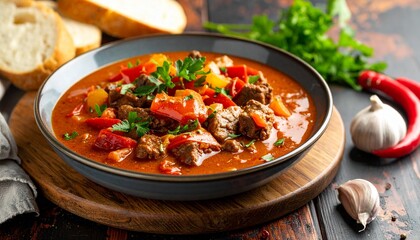 Kräftiger Gulasch-Eintopf mit Rindfleisch, Paprika und Zwiebeln in würziger Soße, serviert mit frischem Brot.
