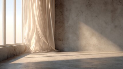 Sunlight streams into a minimalist room, casting shadows on the concrete floor and wall, with a sheer curtain gently swaying by the window